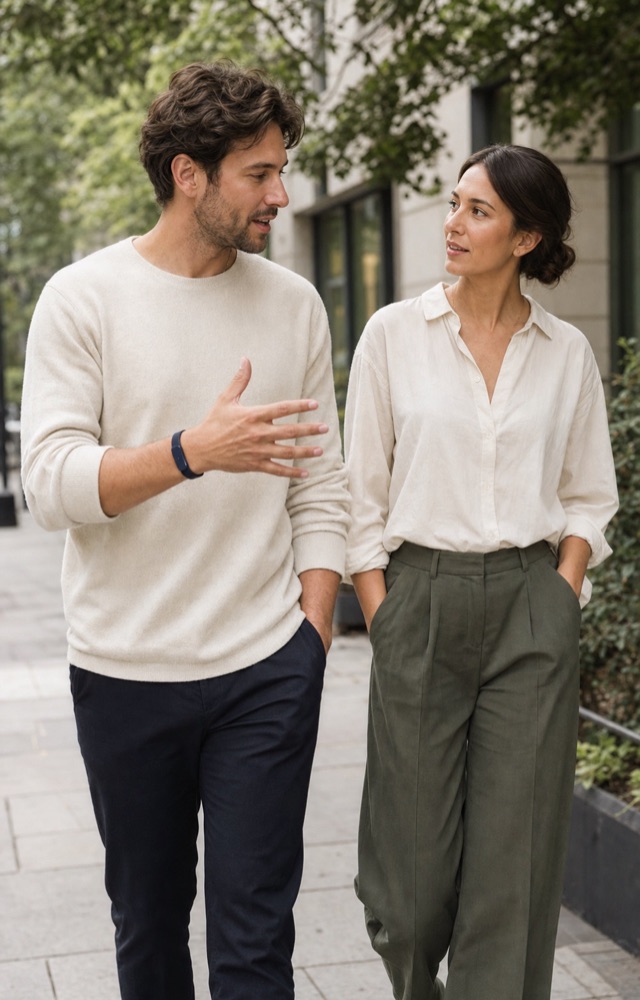 Two people talking over coffee
