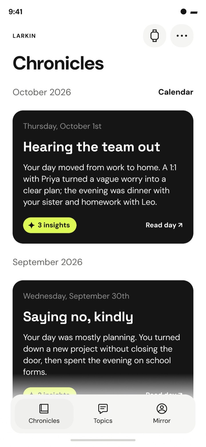The Chronicles screen, with the day titled Hearing the team out