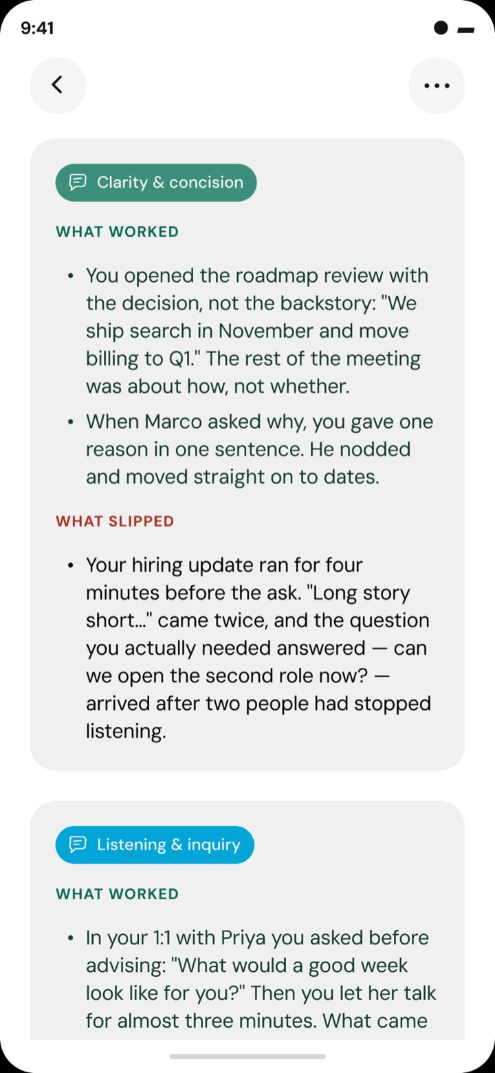Insights: under Clarity and concision, what worked and what slipped in the day's conversations