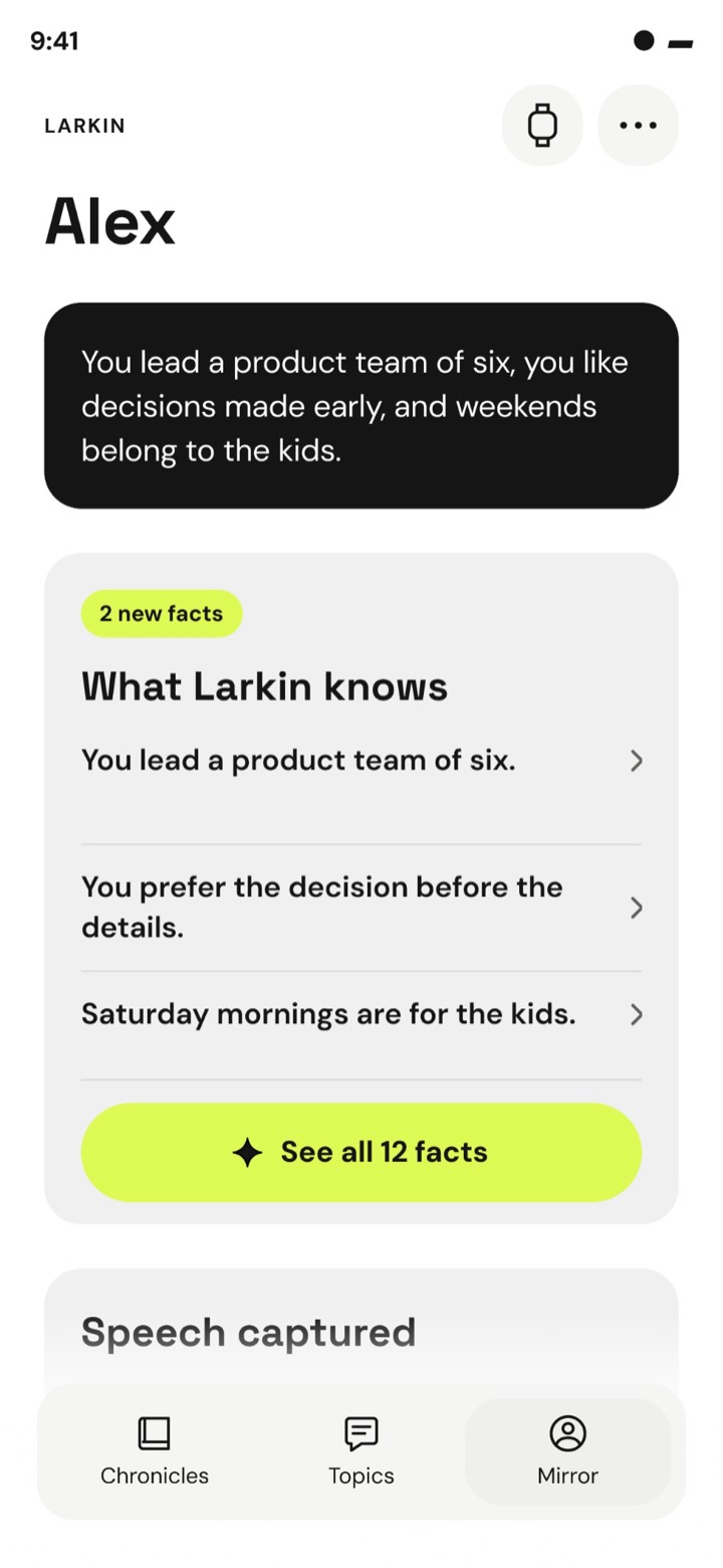 Mirror: what Larkin knows, such as You lead a product team of six and You prefer the decision before the details