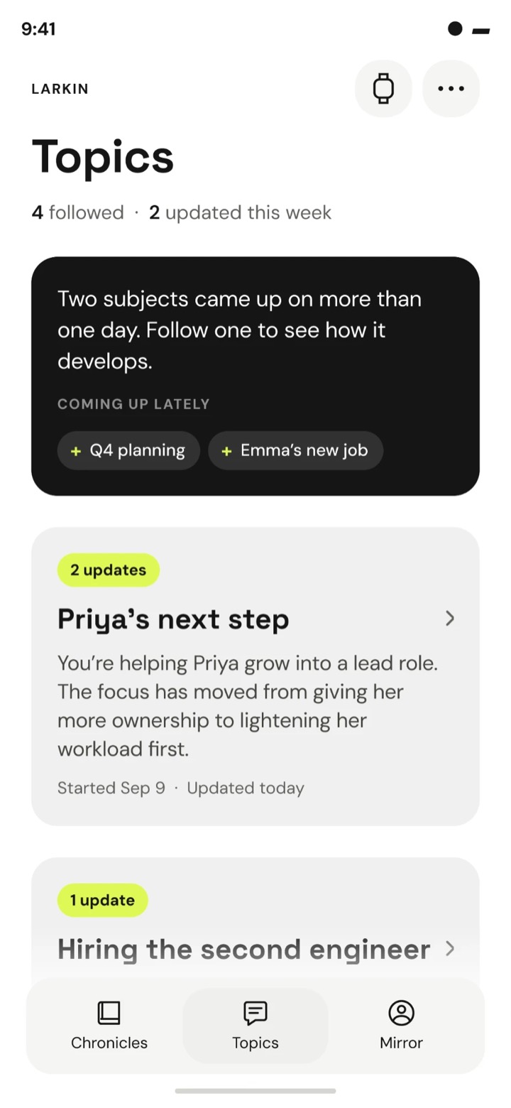 Topics: four followed, two updated this week, including Priya's next step and Hiring the second engineer