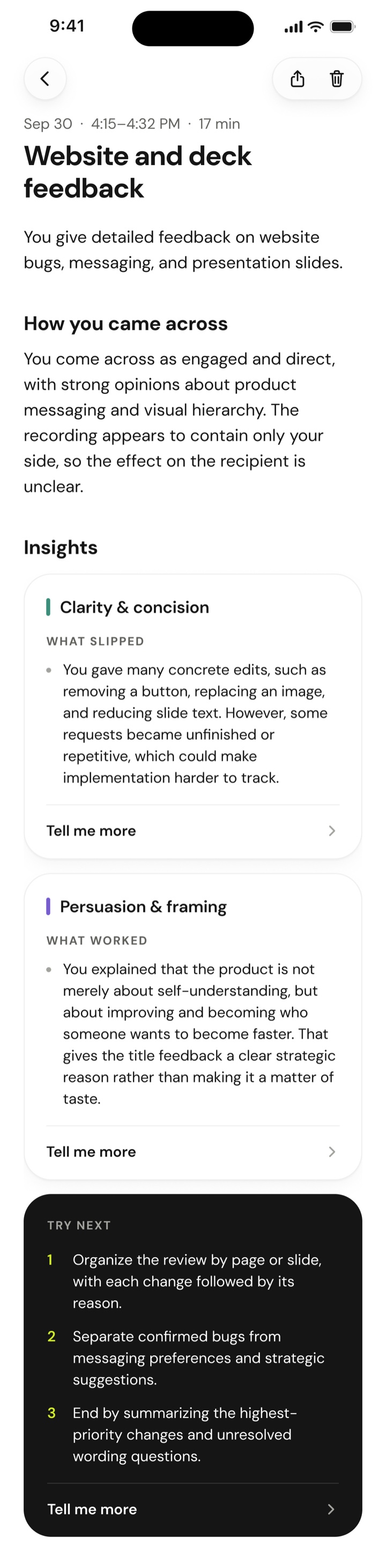 A conversation page: how you came across, insights on clarity and on persuasion, and three things to try next