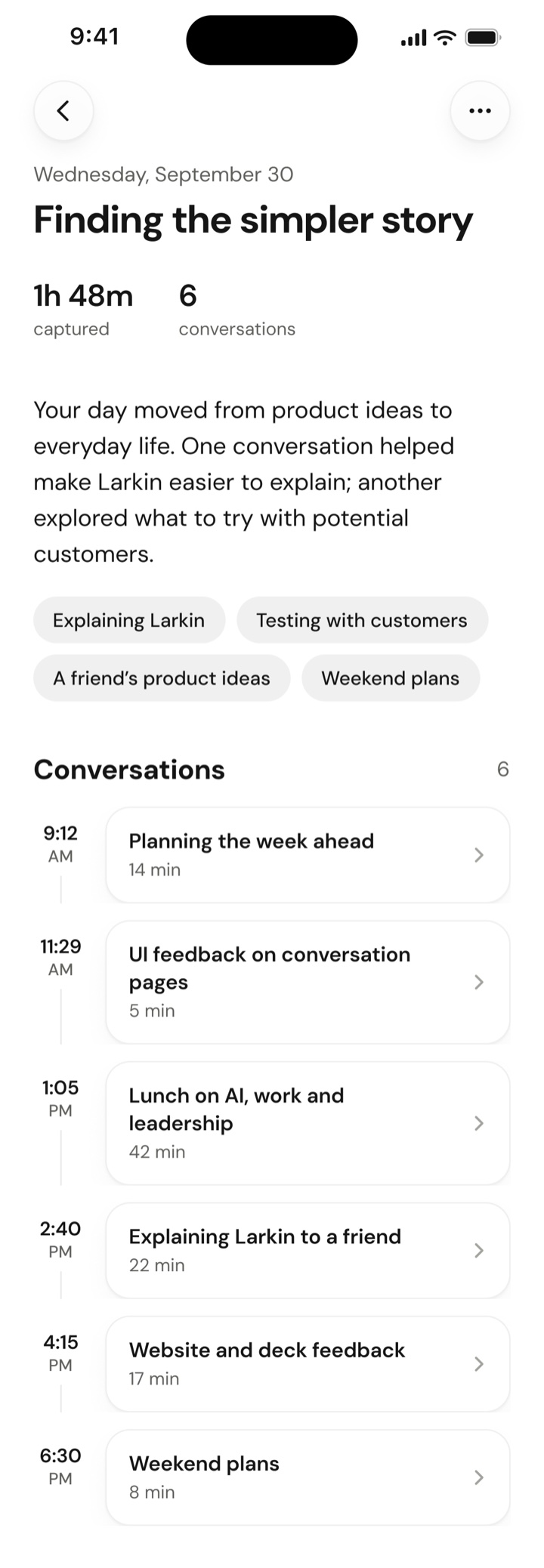 A day page: 1 hour 48 minutes captured across six conversations, the day’s topics, and each conversation in order