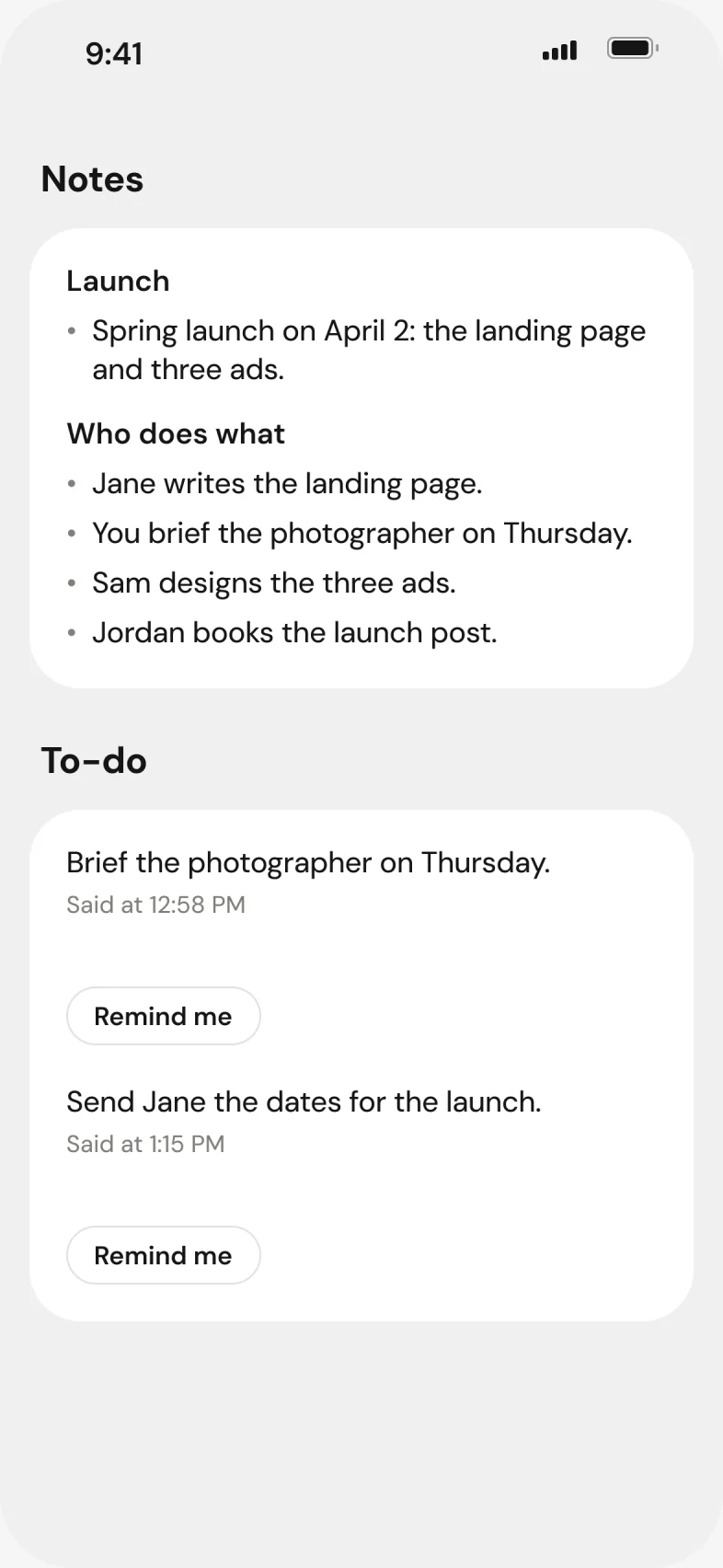Notes from the lunch: the launch date, who does what, then a to-do list with “Brief the photographer on Thursday” and “Send Jane the dates for the launch”, each with a Remind me button.