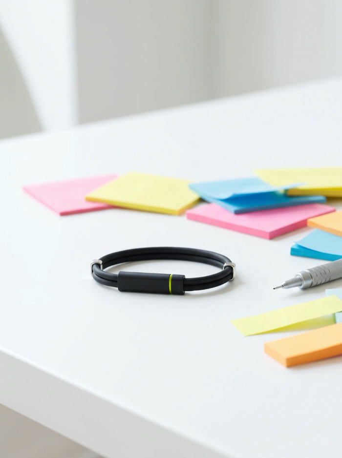 The black band on a white desk beside sticky notes