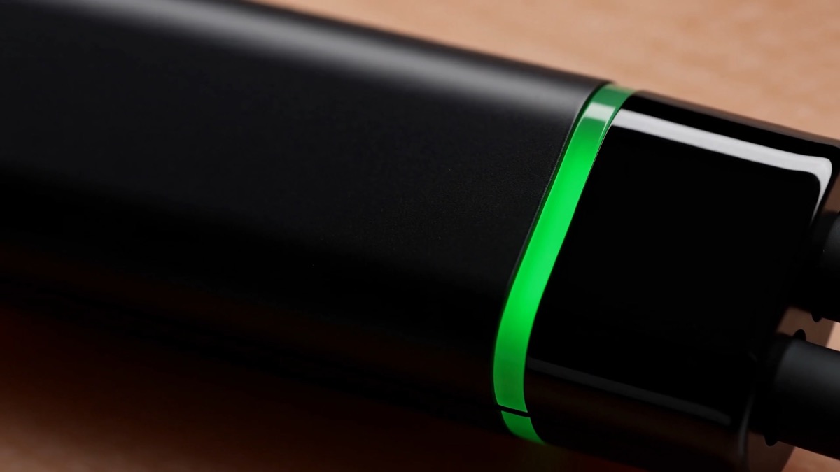 Close up of the module, its ring glowing green