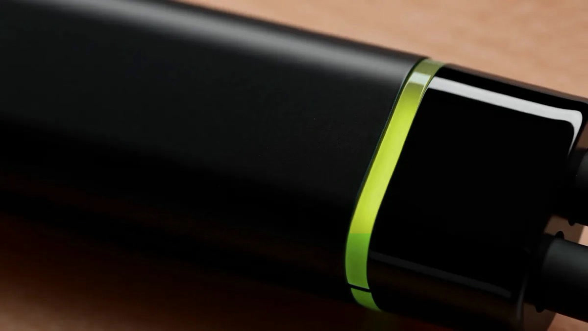 The module's ring glowing lime, close up