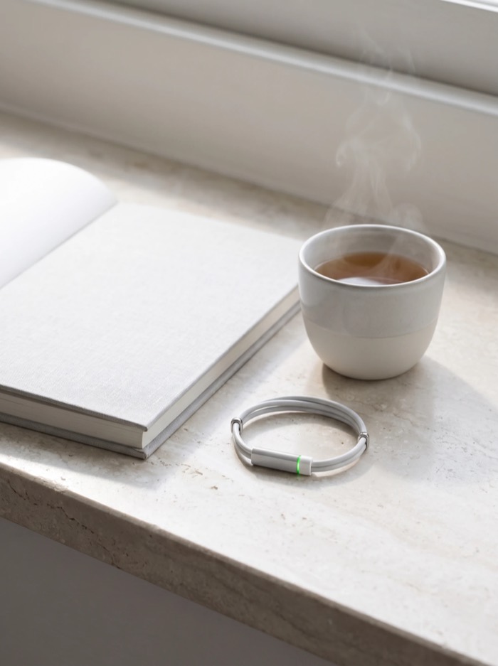 The white band on a stone windowsill beside a cup of tea