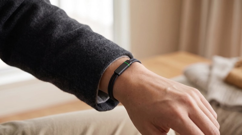 The black Larkin band on a man's wrist at home, its green ring lit