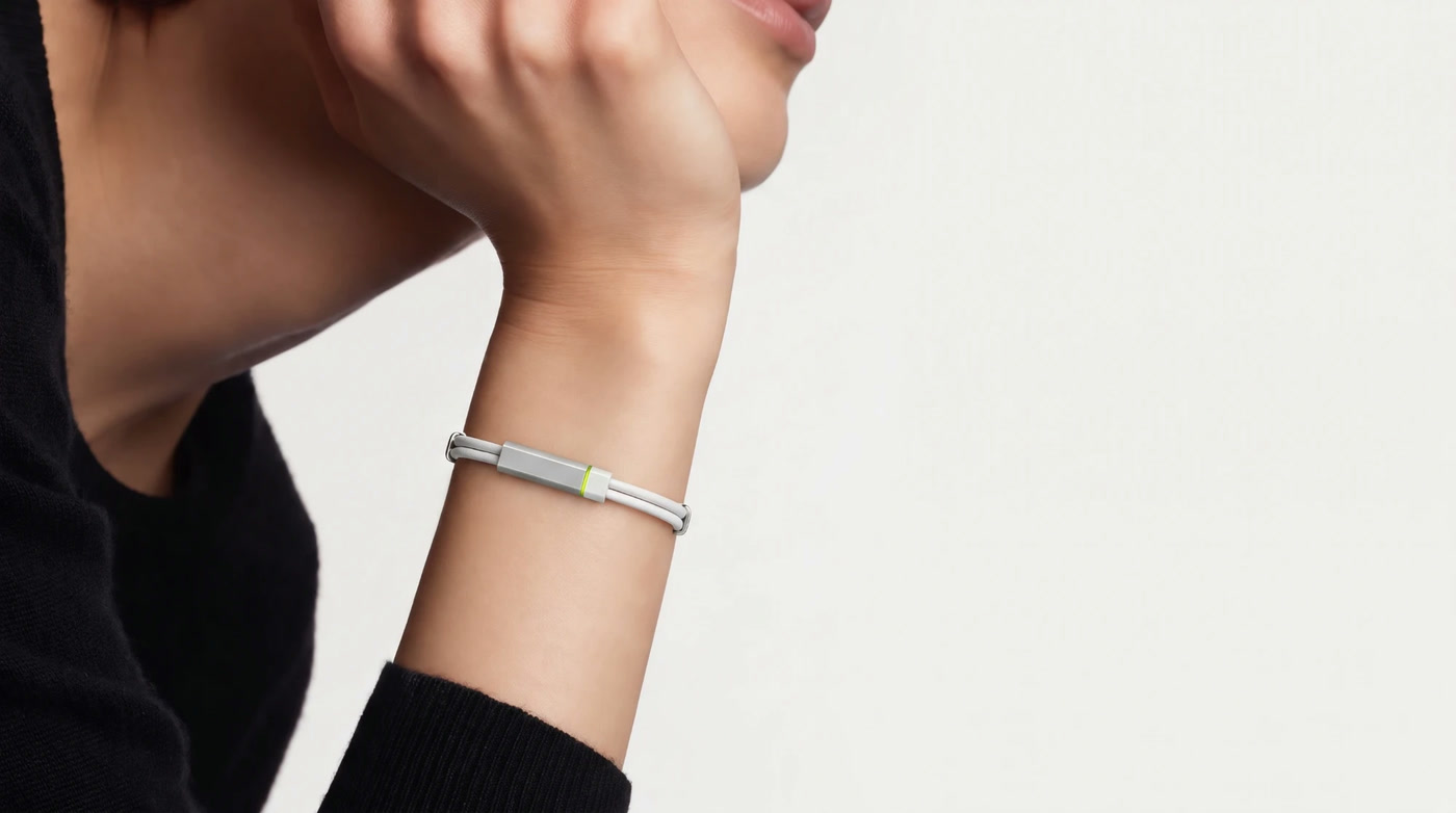 The white Larkin band on a wrist, its lime ring lit