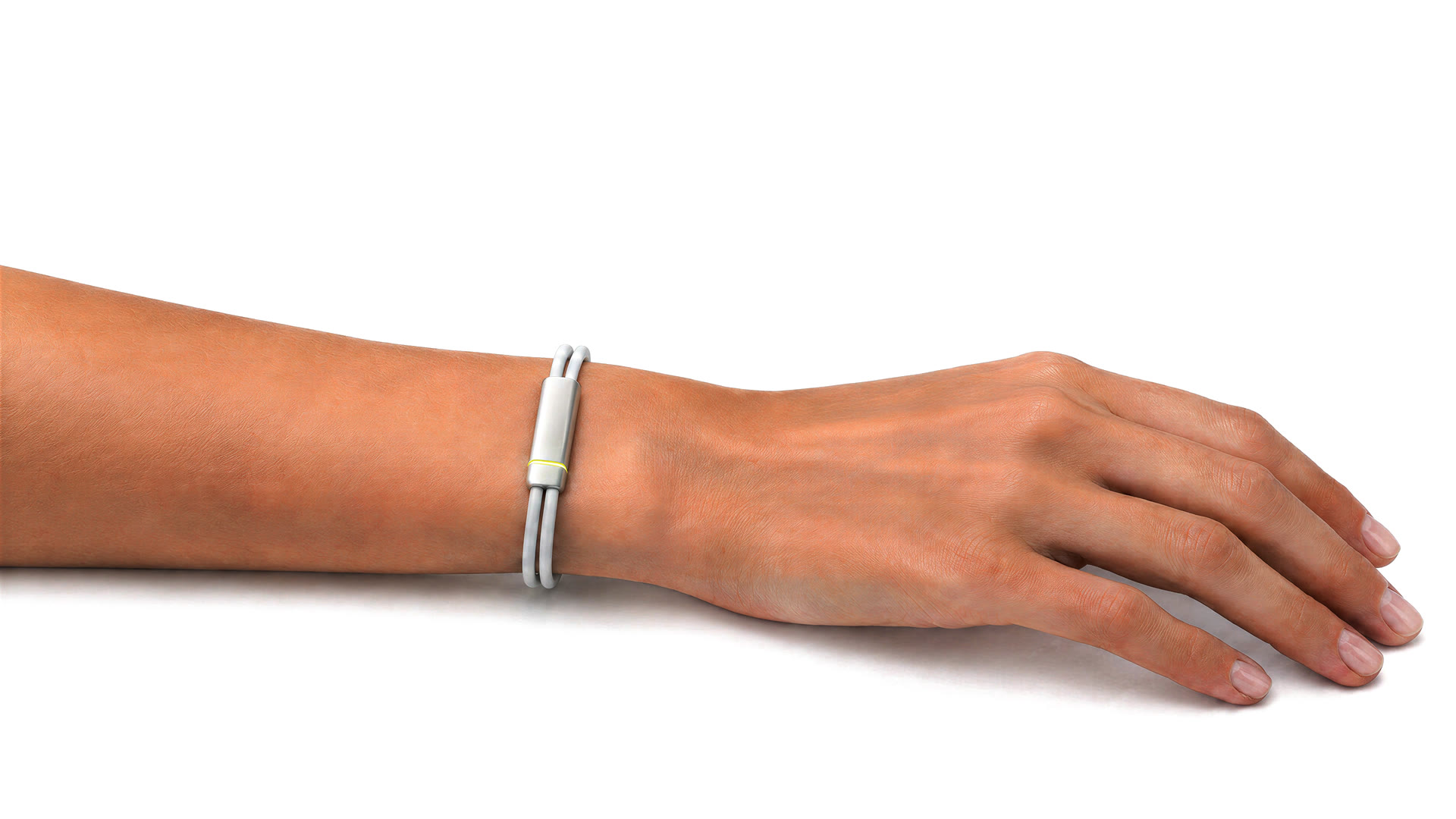 A bare forearm resting on white, the white Larkin band on its wrist, a thin lime light on the module