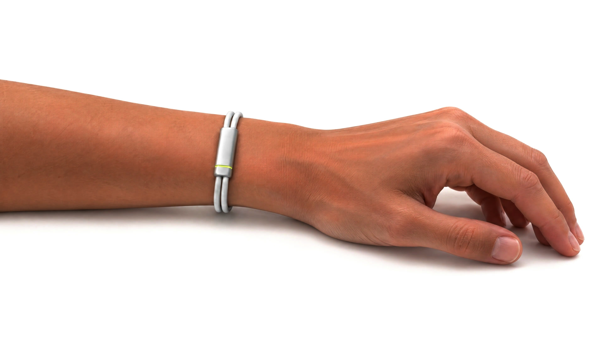 A forearm resting on white, the hand on its side, the white Larkin band on the wrist with a thin lime light on its module